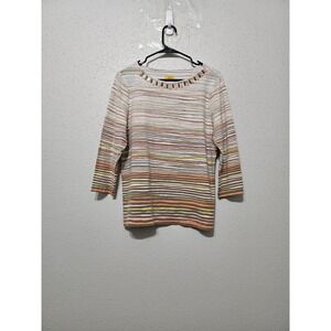 Ruby Rd Striped Beaded Neckline Top Women L 3/4 Sleeve Y2K Stretch Blouse